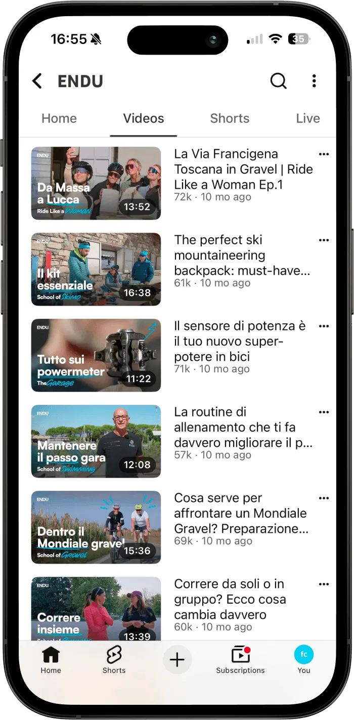 ENDU's YouTube channel in the YouTube app, with the ENDUchannel videos